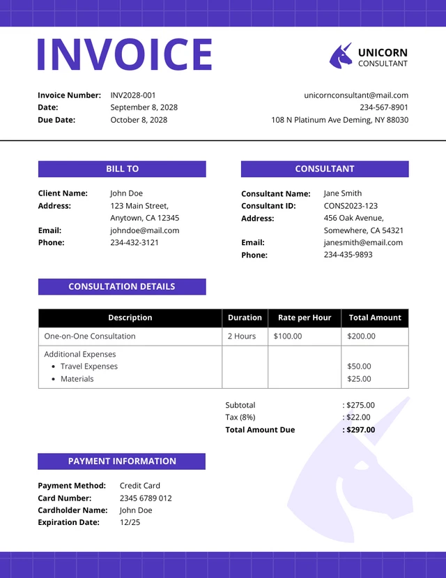 Modern Clean Purple Consultation Invoice Template