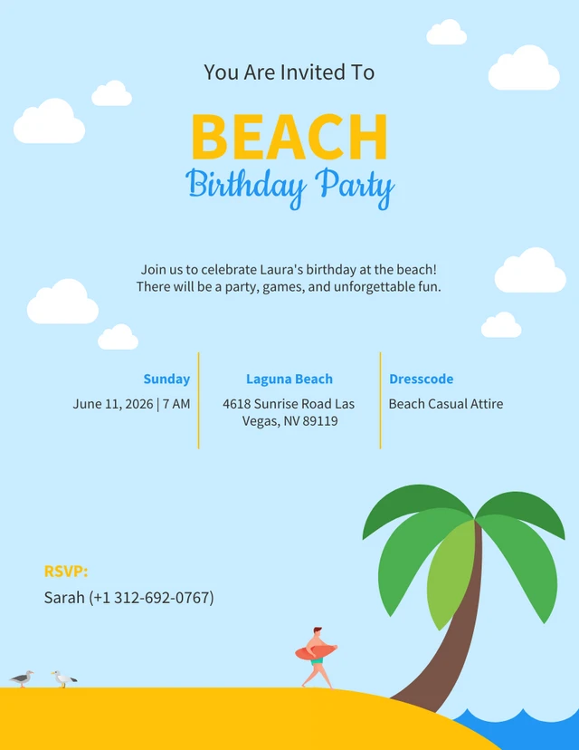 Soft Blue And Yellow Beach Birthday Invitation Template