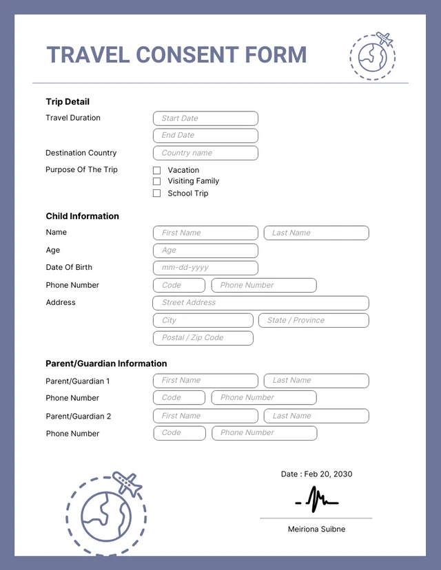 Plantilla minimalista de formulario de consentimiento de viaje de color violeta claro
