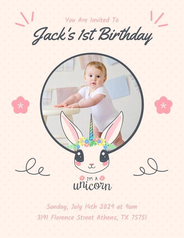 Pink Cute Cheerful Playful Unicorn 1st Birthday Invitation Template
