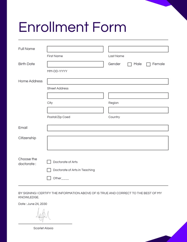 Clean Minimalist White and Purple Enrollment Forms Template