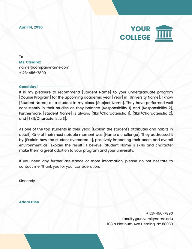 White Teal Modern Abstract Texture Professional College Letterhead