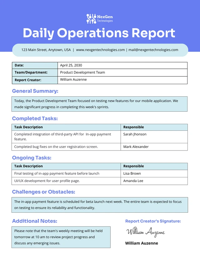 Modèle de rapport d'opérations quotidiennes