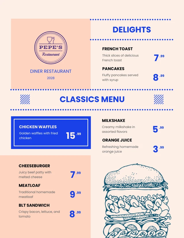 Modèle de menus de restaurant pêche et bleu modernes