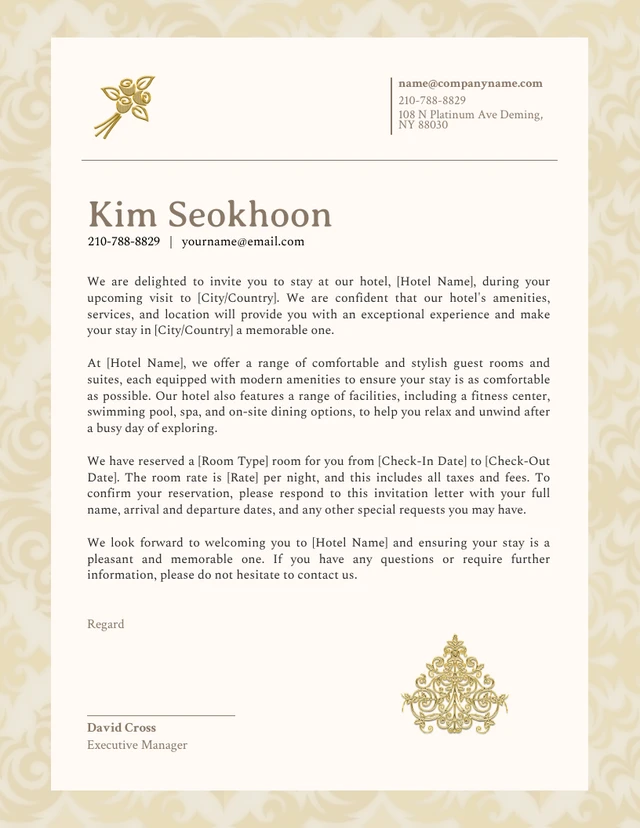 Gold Hotel Invitation Letter With Background Pattern