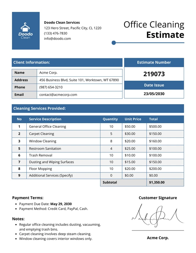 Modelo de estimativa de limpeza de escritório