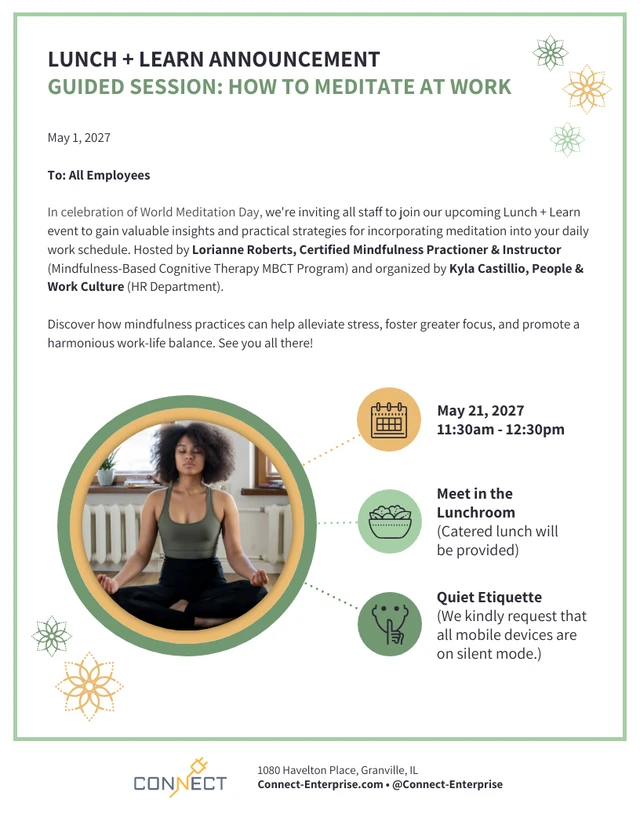 Plantilla de anuncio de boletín informativo por correo electrónico sobre meditación en el lugar de trabajo para la atención plena