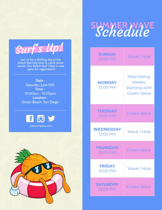 Blue and Pink Summer Wave Schedule Template