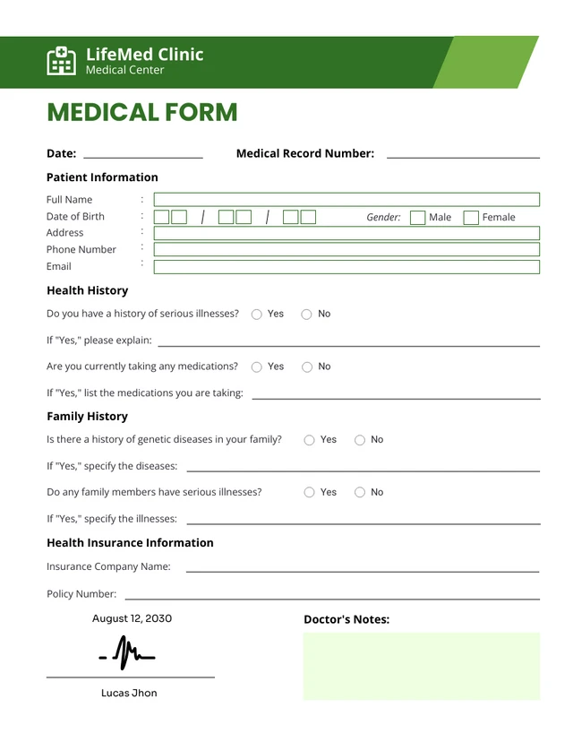 Modèle de formulaire médical moderne simple blanc et vert