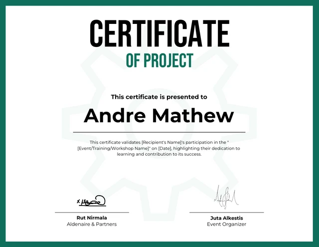 Modèle de certificat de projet simple blanc et vert