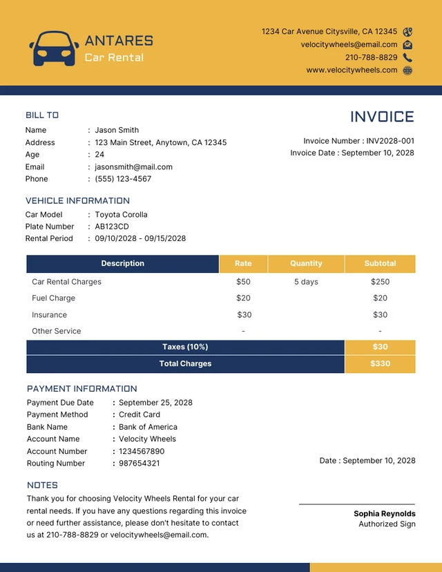 Yellow Navy Simple Rental Invoice Template