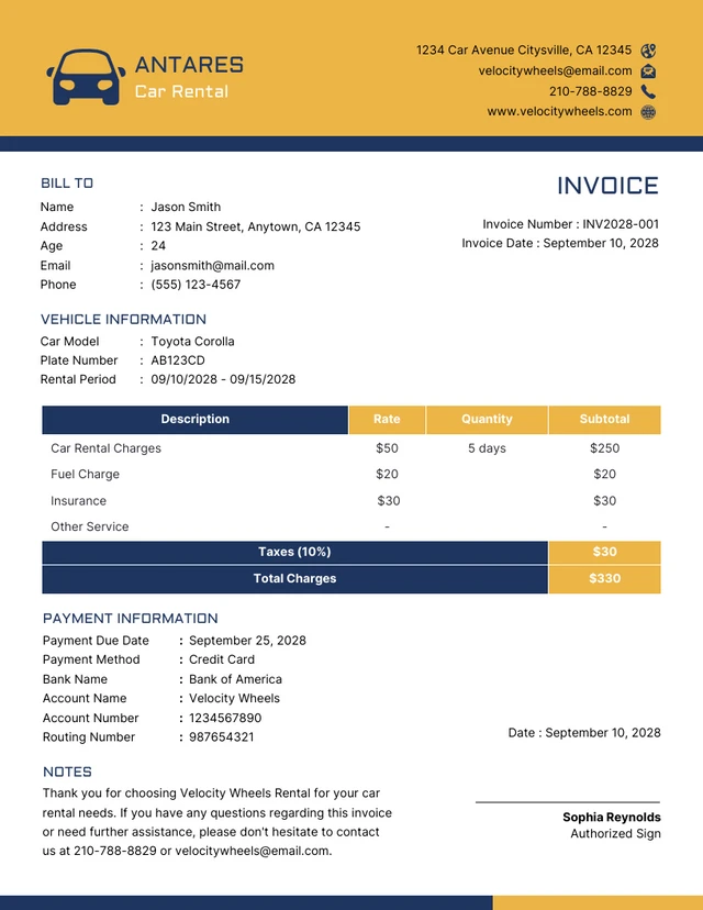 Modello semplice di fattura di noleggio giallo blu scuro