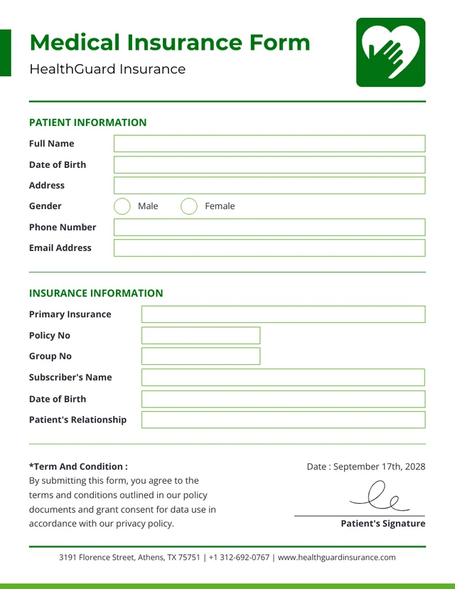 Green and White Minimalist Medical Insurance Forms Template