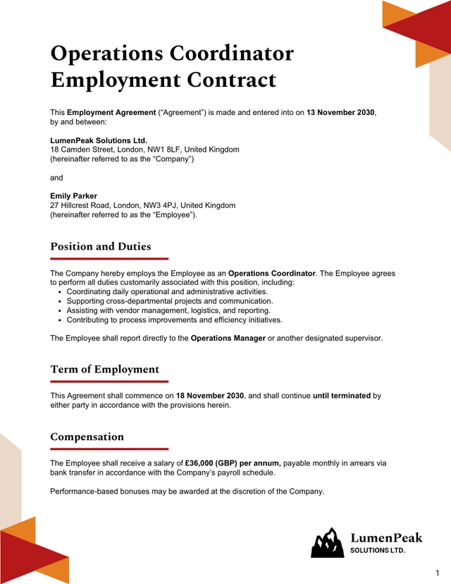Operations Coordinator Contract Template - Página 1