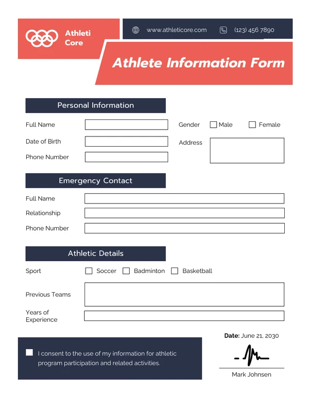 Athlete Information Form Template