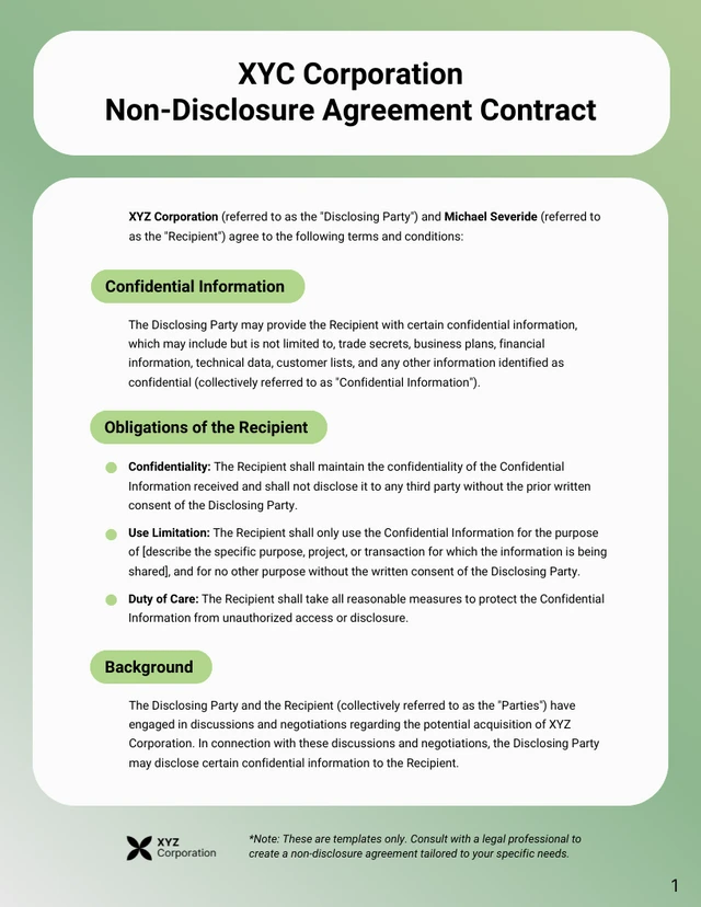 Green and White Non-Disclosure Agreement Contract - Página 1