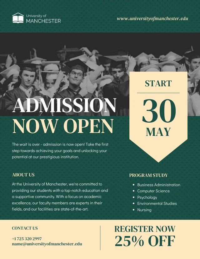 Cream and Dark Green Admission Open Poster Template