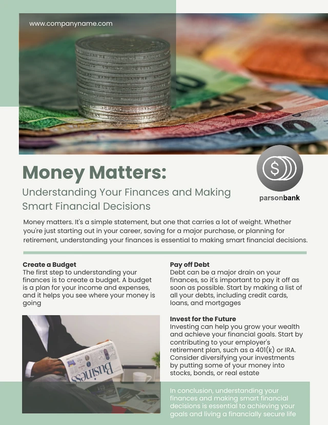 Turquoise Minimalist Money Matters Newsletter