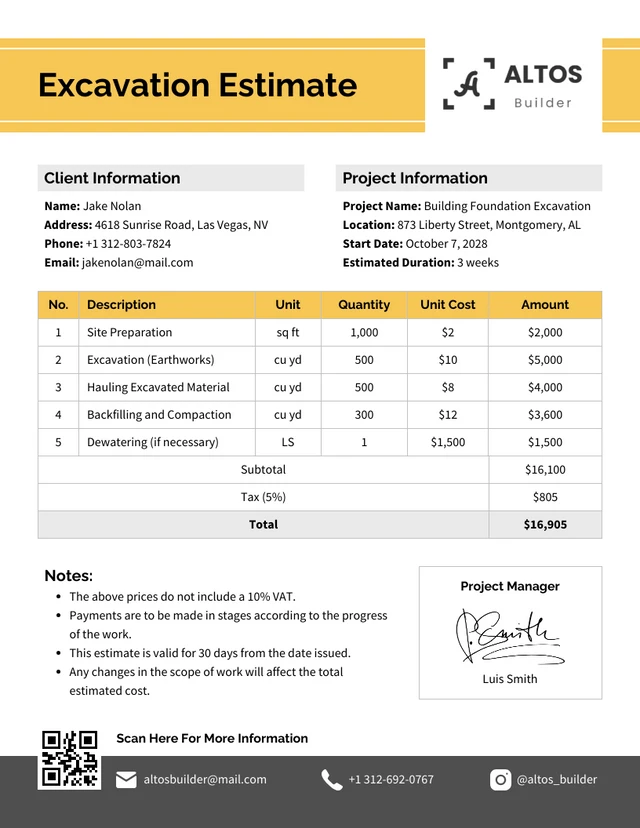 Excavation Estimate Template