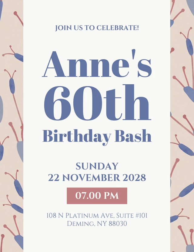 Light Brown Aesthetic Floral 60th Birthday Bash Invitation Template