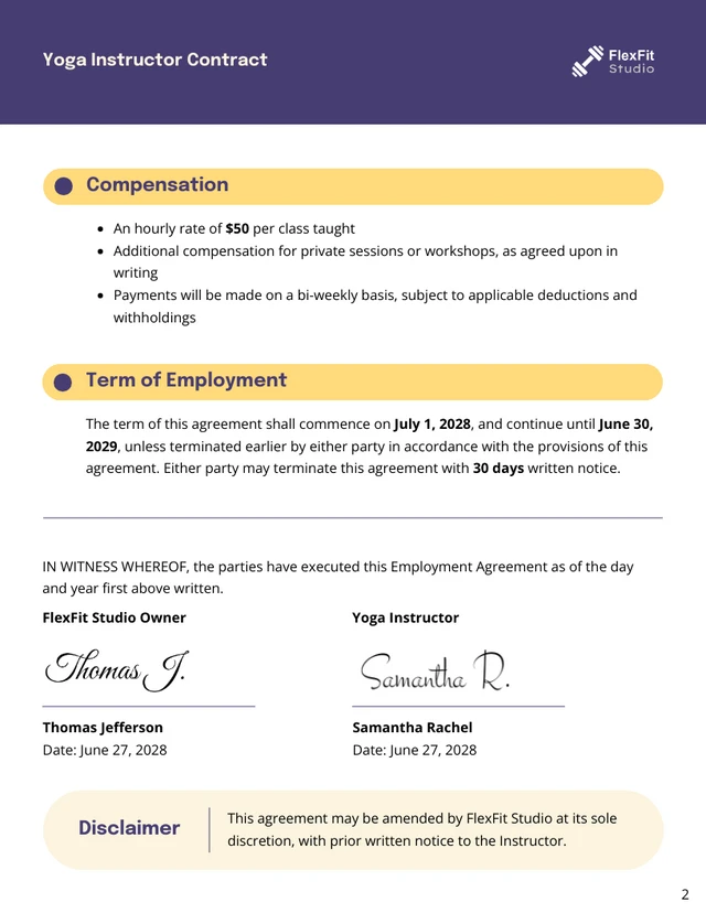 Yoga Instructor Contract Template - Pagina 2