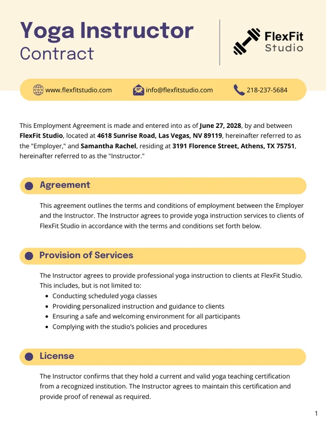 Yoga Instructor Contract Template - Seite 1