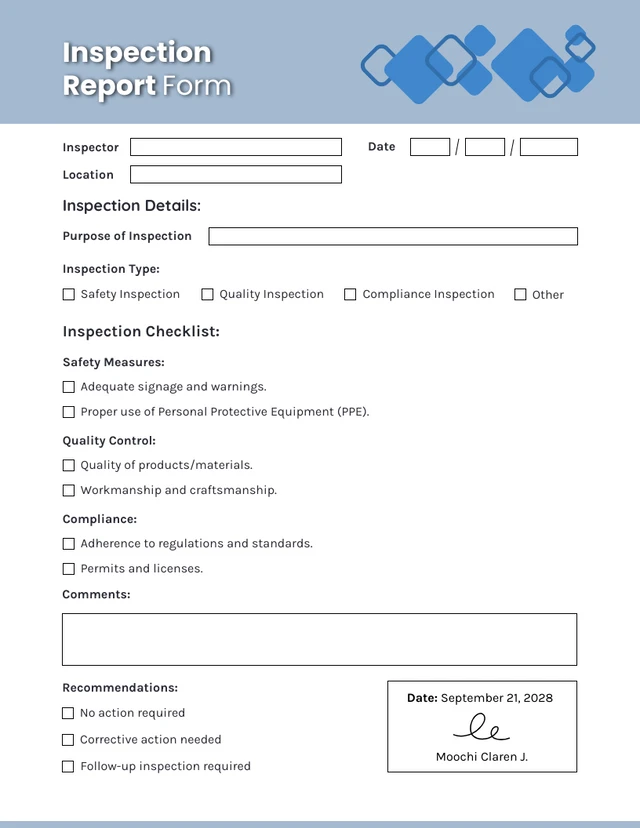 Blue and White Minimalist Inspection Forms Template