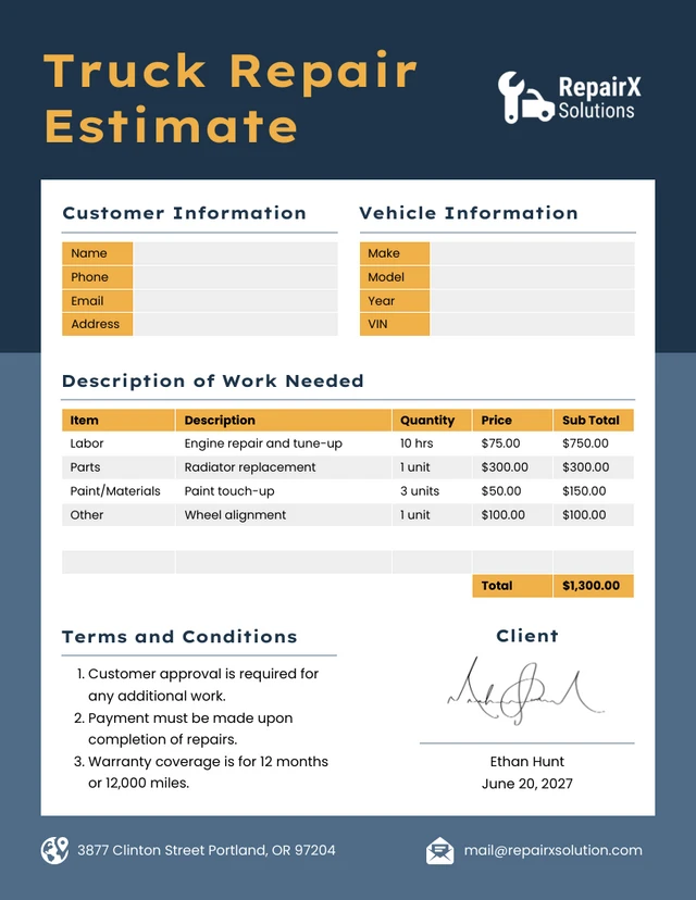 Modèle d'estimation de réparation de camion