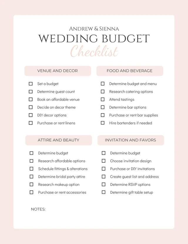 Pink Peach Minimalist Wedding Budget Checklist
