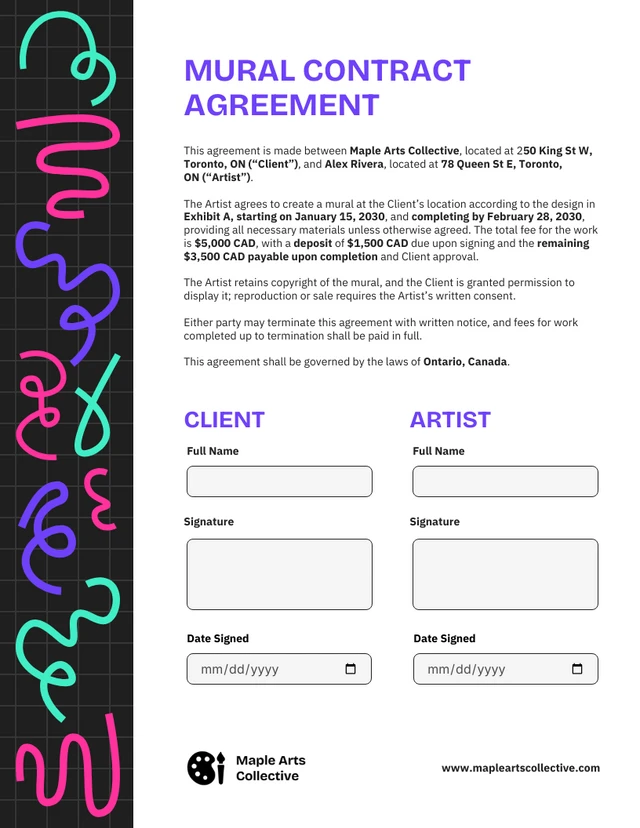 Modèle de contrat mural Template Modèle de contrat mural