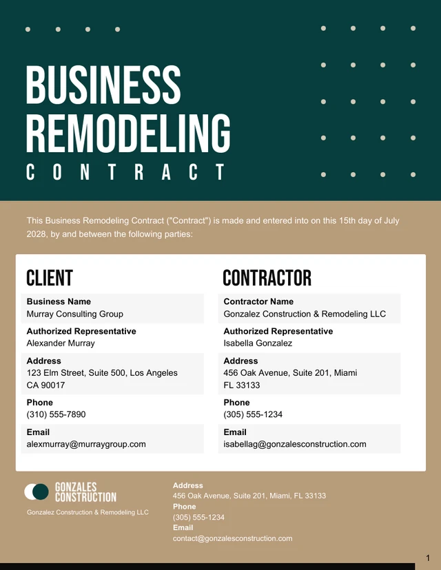 Business Remodeling Contract Template - page 1