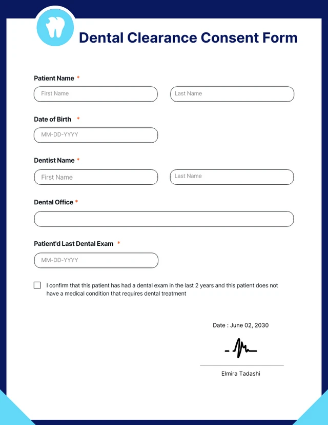 Plantilla de formulario de consentimiento de autorización dental limpia y minimalista