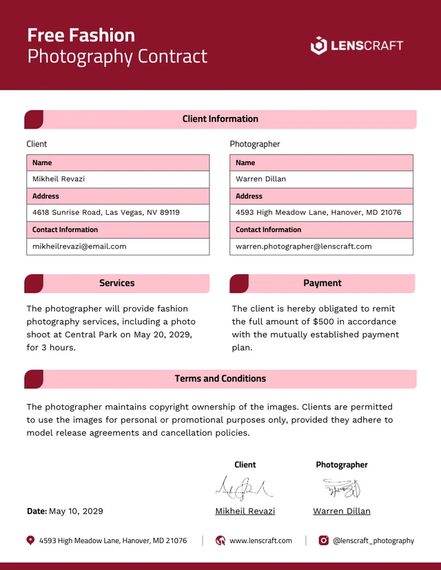 Plantilla de contrato de fotografía de moda gratuita