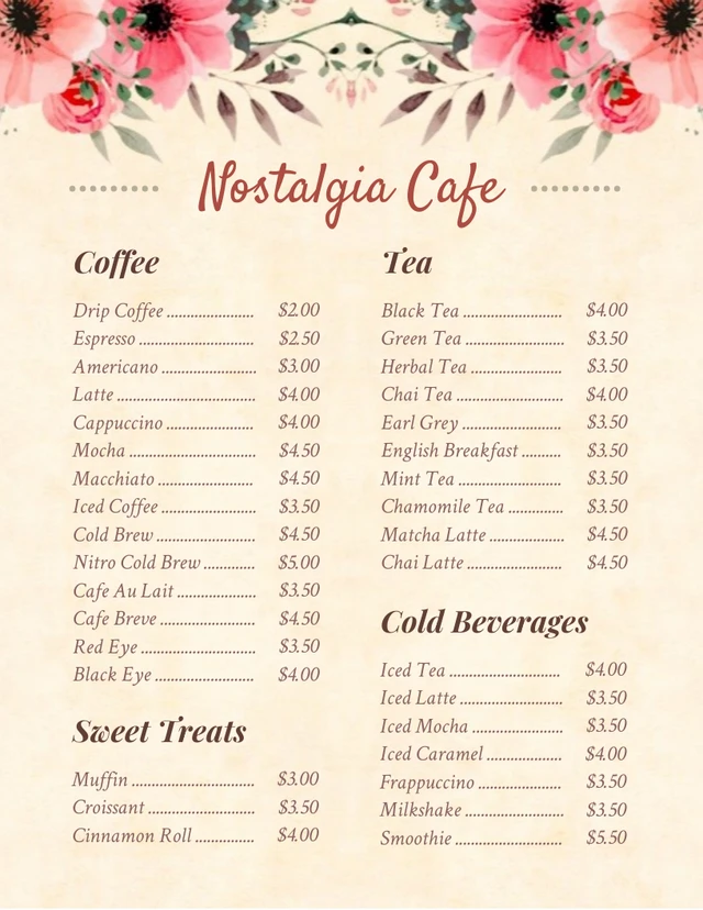 Light Yellow Classic Floral Background Cafe Menu Template
