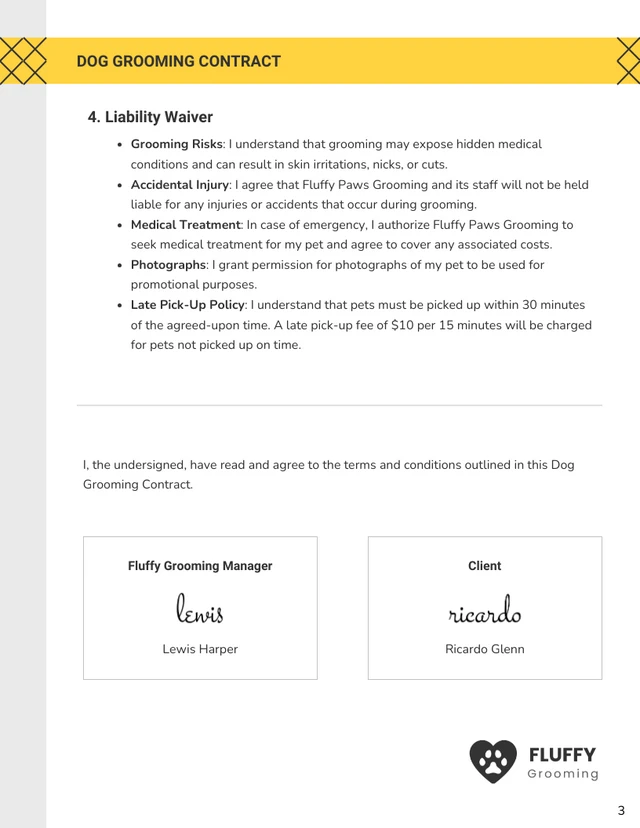 Dog Grooming Contract Template - page 3