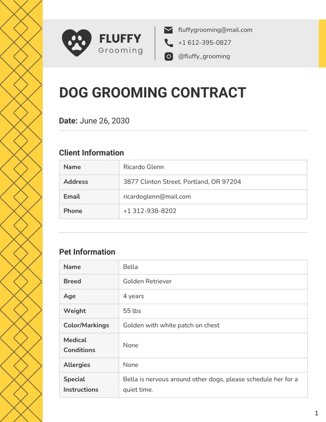 Dog Grooming Contract Template - صفحة 1