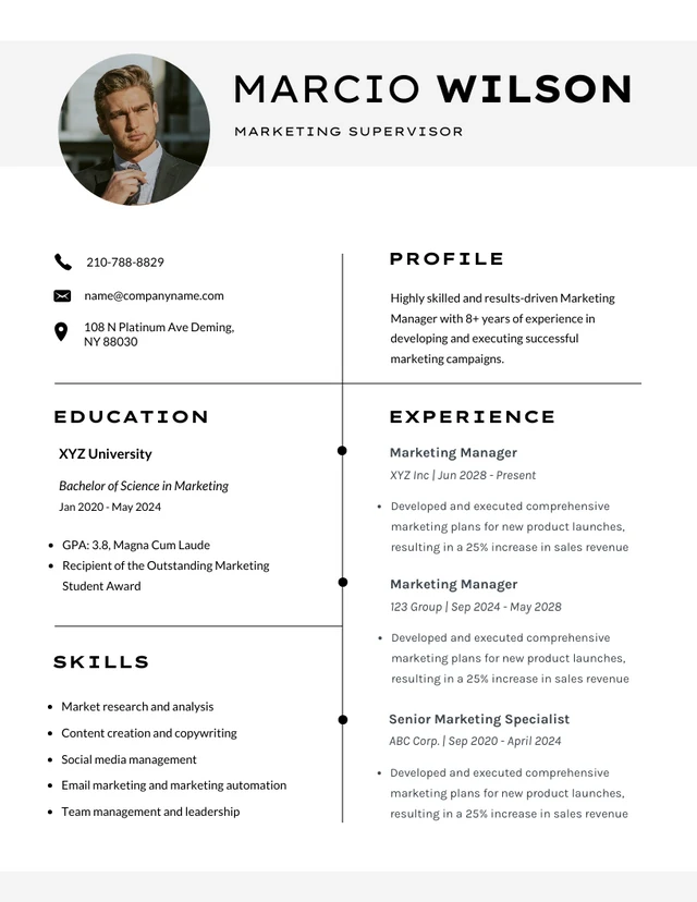 Black and White Simple Marketing Resume Template