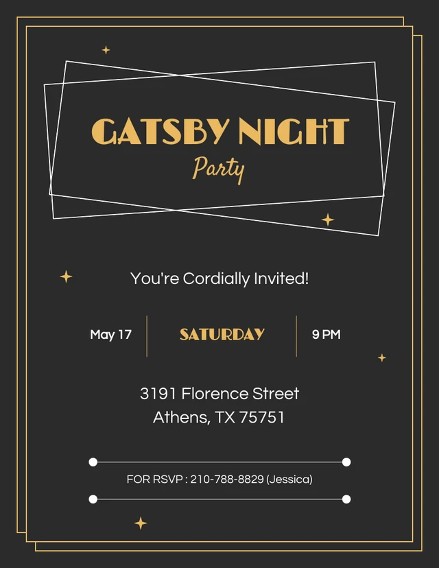 Modèle d'invitation à une soirée Gatsby élégante en or noir et blanc