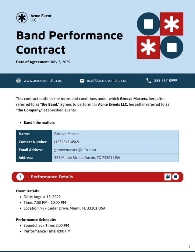 Band Performance Contract Template - Seite 1