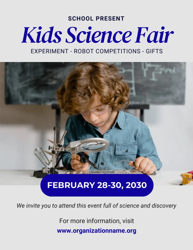 Hellgraue und blaue minimalistische Plakatvorlage für die Wissenschaftsmesse für Kinder