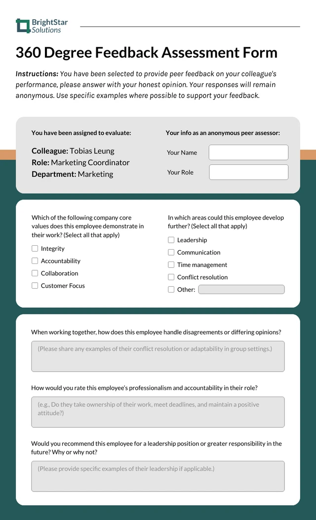 360 Degree Peer Feedback Assessment Form Template