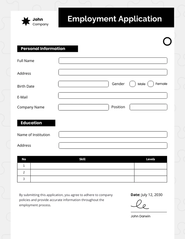 Black White Simple Employment Forms Template