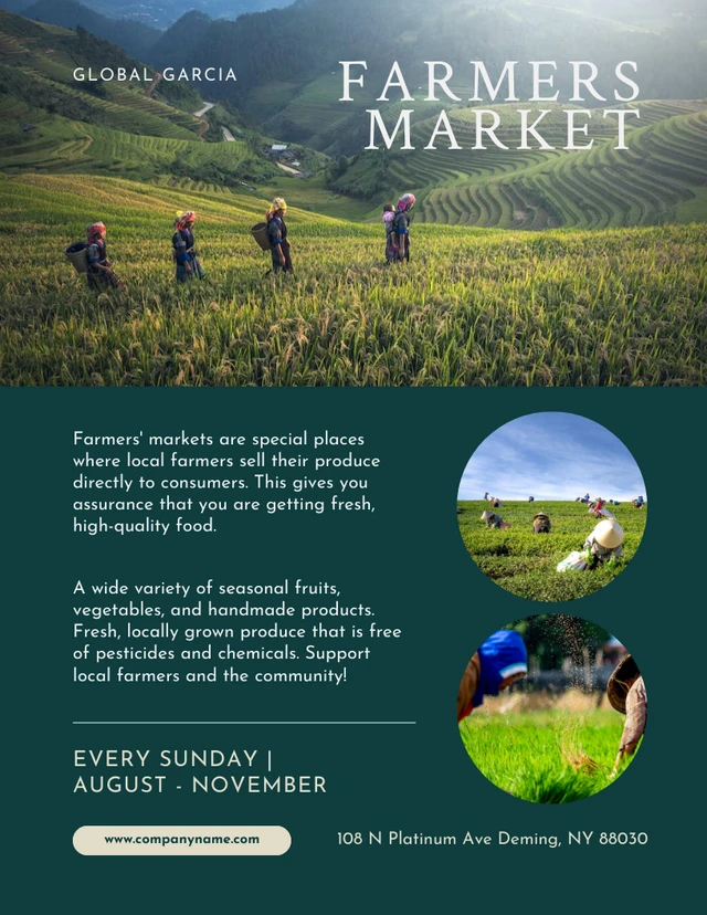 Dunkelgrüne, moderne, professionelle Plakatvorlage für den Bauernmarkt