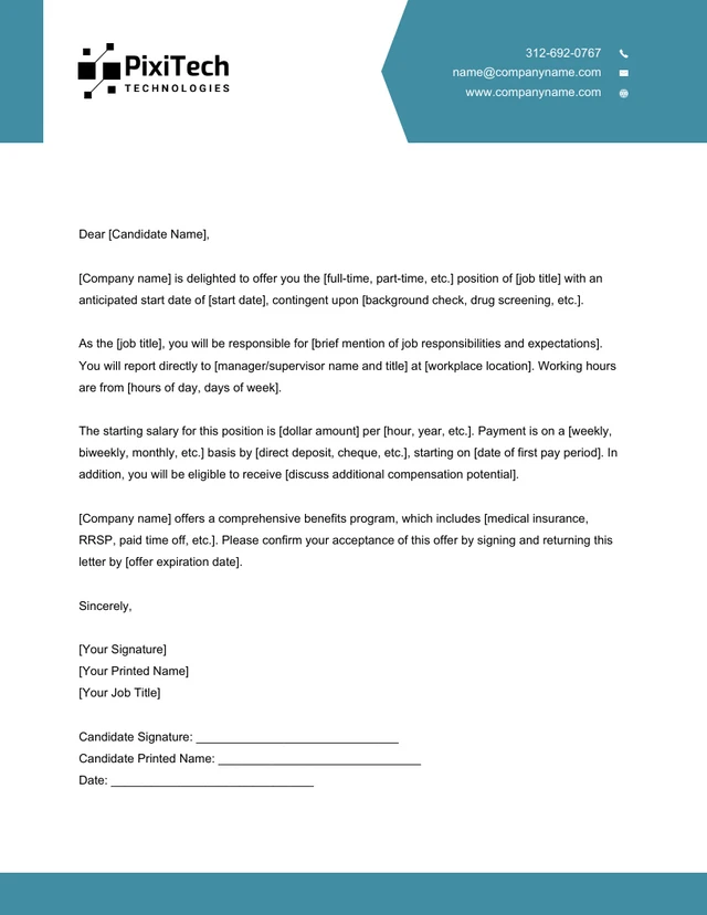 Corporate Teal and White Offer Letter Template