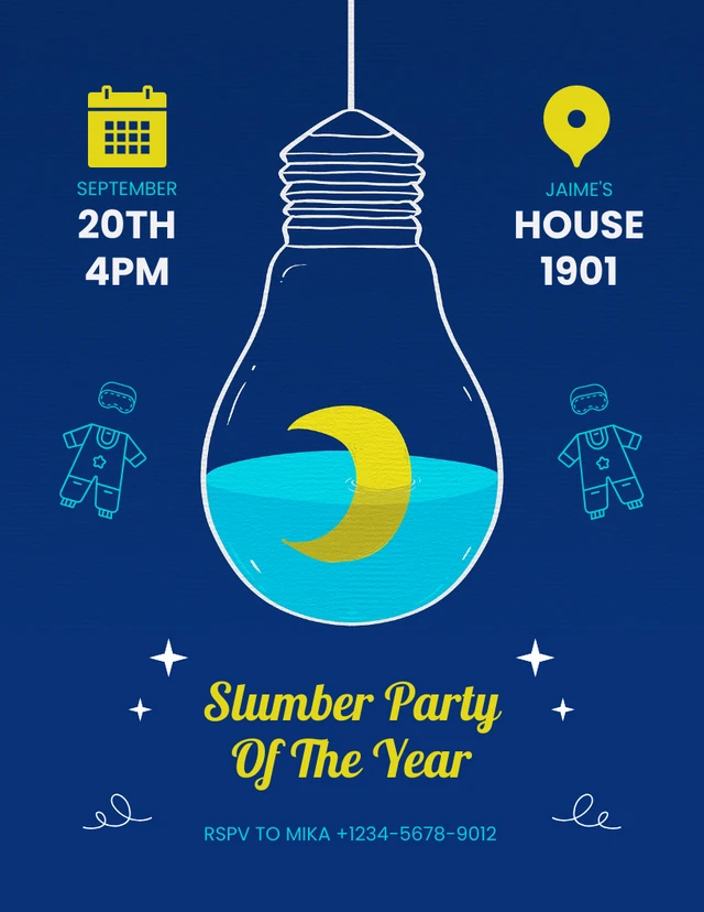 Blue And Yellow Modern Playful Illustration Sleepover Slumber Party Invitation Template