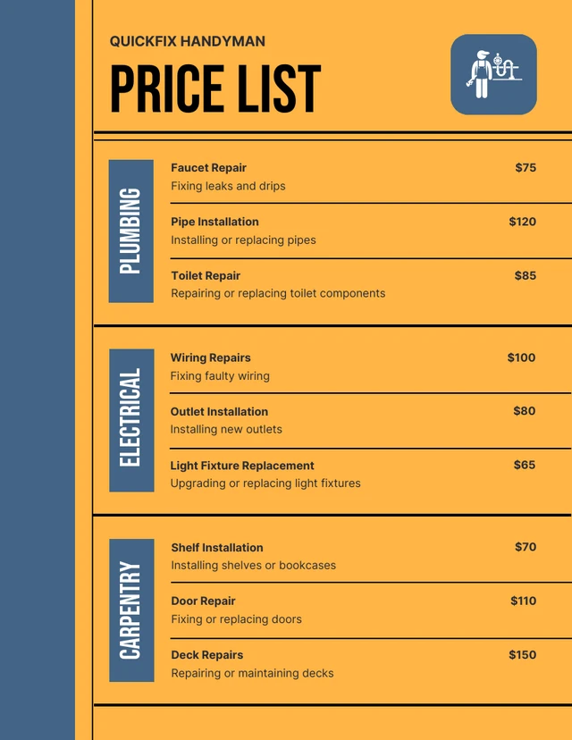 Simple Yellow and Blue Handyman Price Lists Template