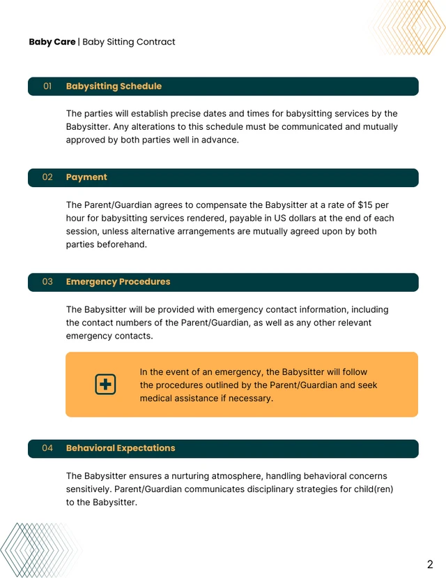 Baby Sitting Contract Template - Page 2