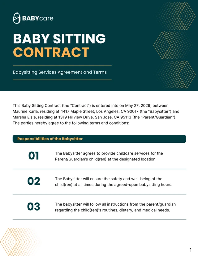 Baby Sitting Contract Template - Pagina 1