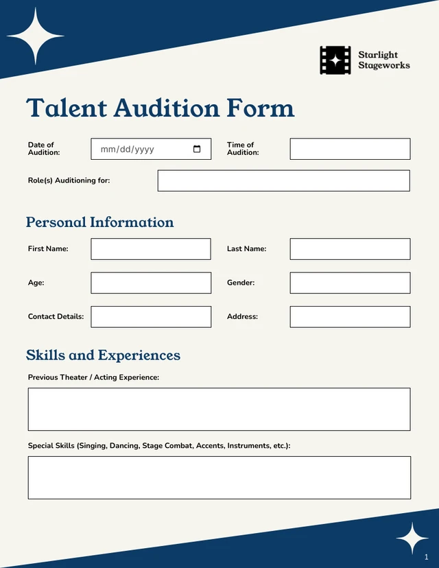 Audition Form Template - Página 1