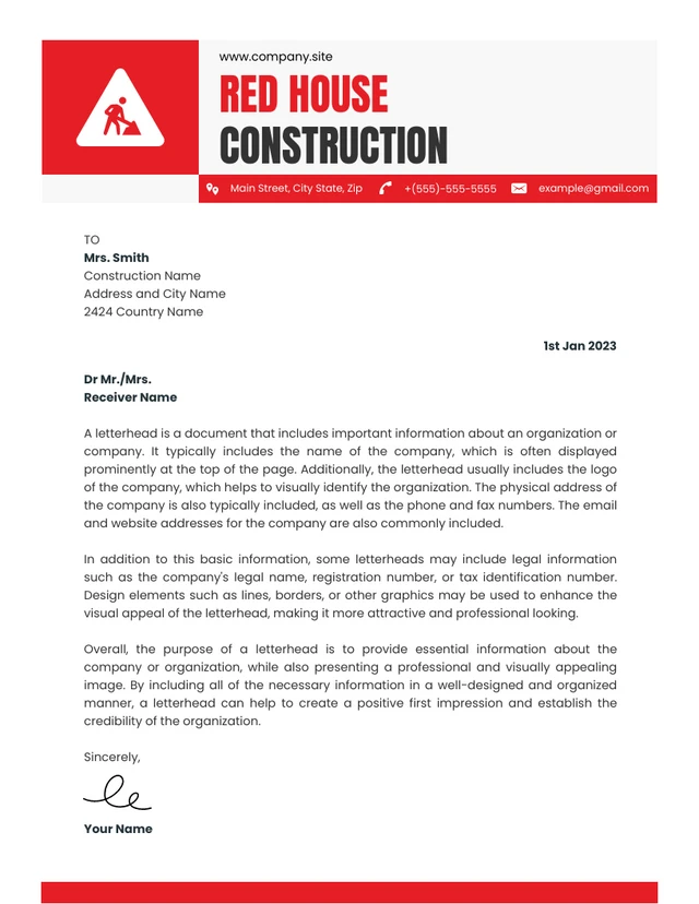 White And Red Clean Construction Letterhead Template